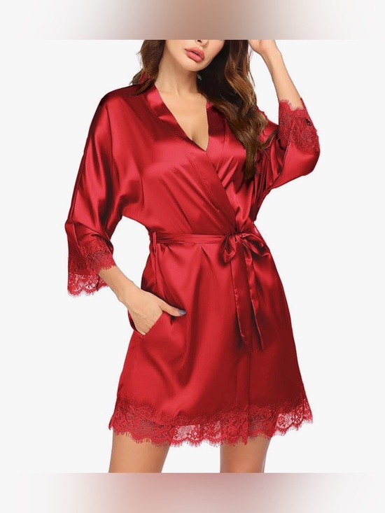 Goolity Other - Women's Red Satin Lace Trim Robe - Unbranded